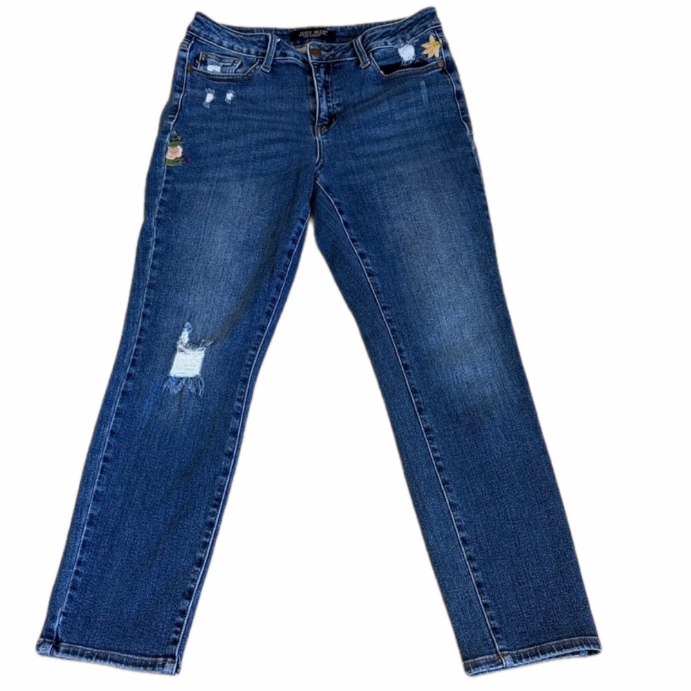Judy Blue “Peek A Bloom” Floral Embroidered Distressed Boyfriend Jeans Size 7/8